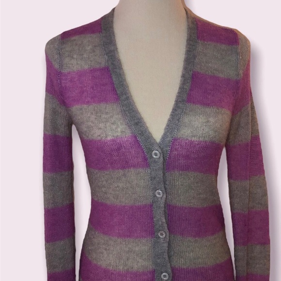 I Love H81 Women's Small Purple & Grey Striped Eyelet Cardigan Sweater - Picture 2 of 8